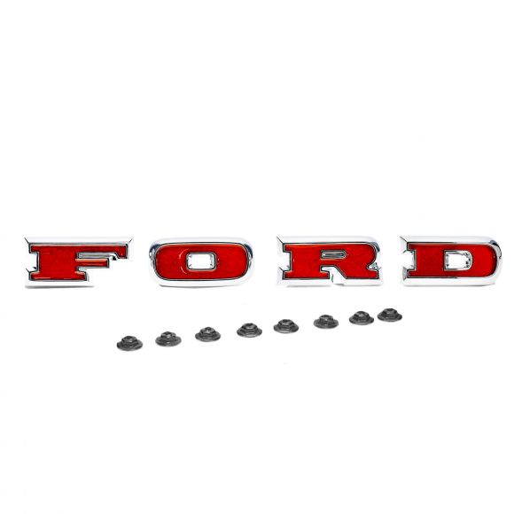 FORD Grille Letters | Chrome + Deep Red Inserts | 1967-77 Ford Bronco